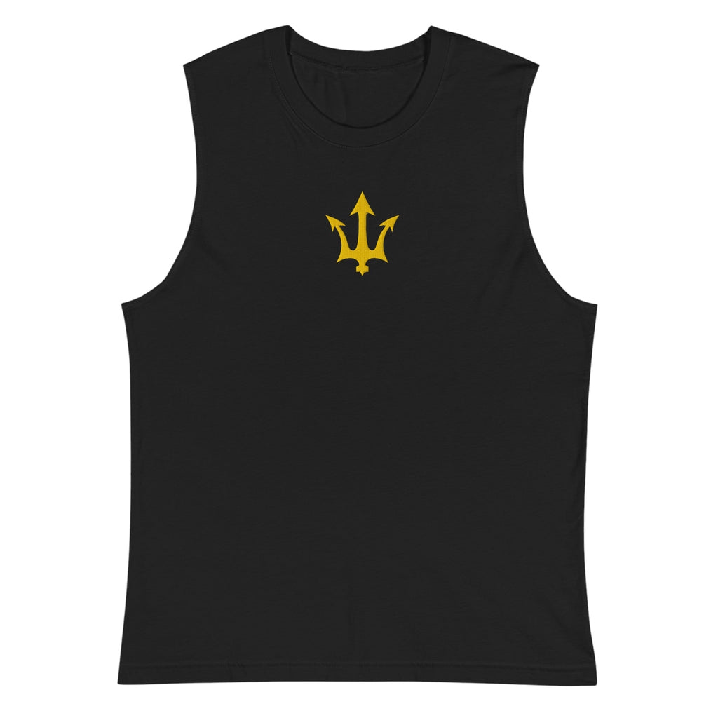 Black INSPIRED Muscle Tank with gold infinity-trident emblem, flat product image.