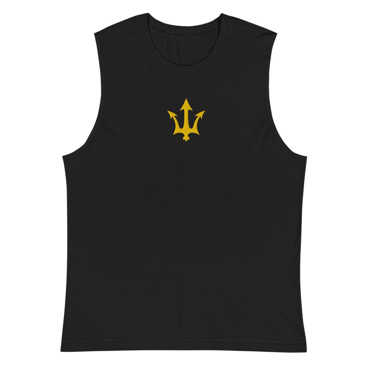 Black INSPIRED Muscle Tank with gold infinity-trident emblem, flat product image.