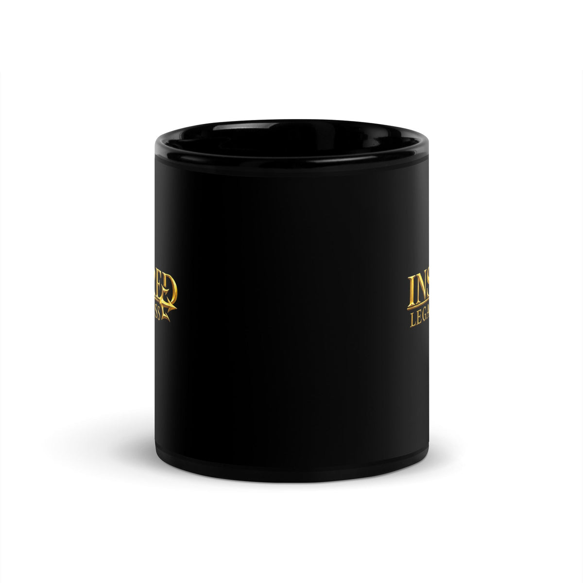 Black Inspired Legacy Press glossy mug shown from the rear/center wraparound angle on a white background