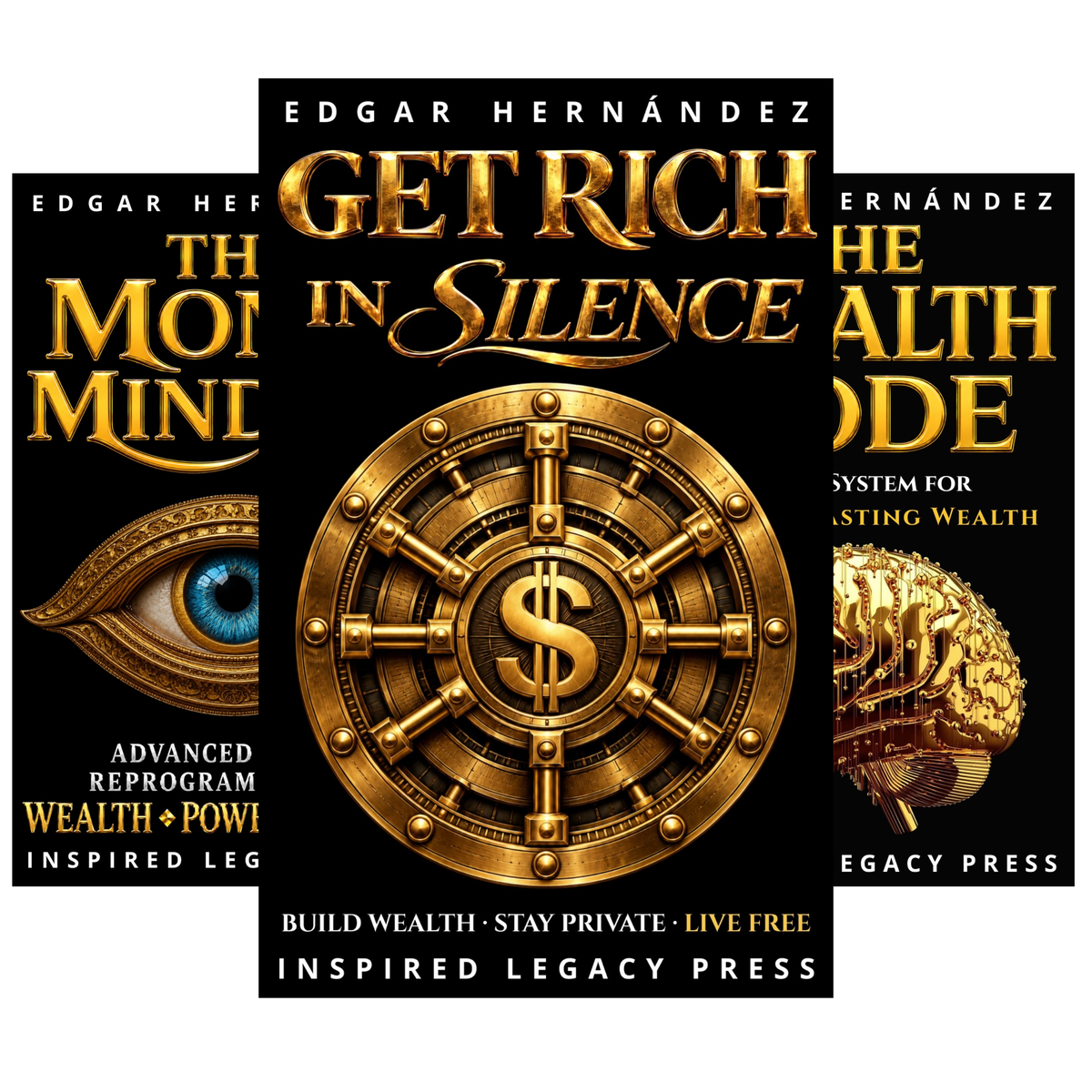 Wealth book series by Edgar Hernández, featuring Get Rich in Silence, The Money Mindset, and The Wealth Code.