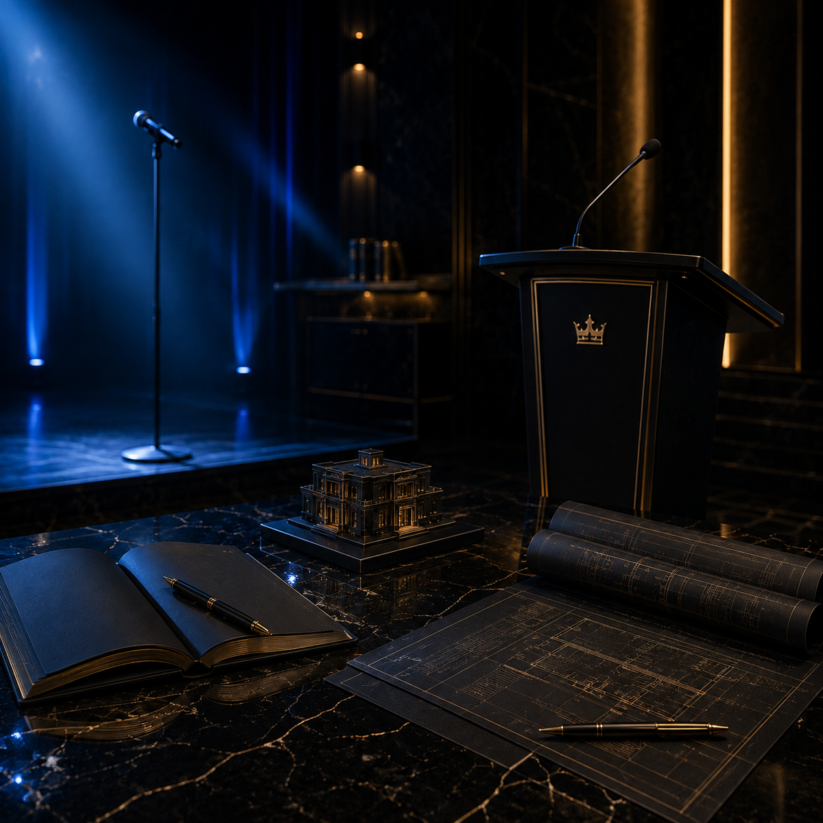 Luxury black and gold scene with a microphone, speaker podium, books, notebook and architectural plans, representing Edgar Hernandez as artist, author, speaker and founder.