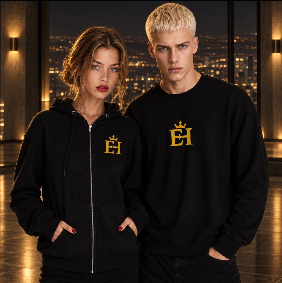 Unisex EH Crown black zip hoodie and sweatshirt with gold crown logo in a luxury penthouse at night
