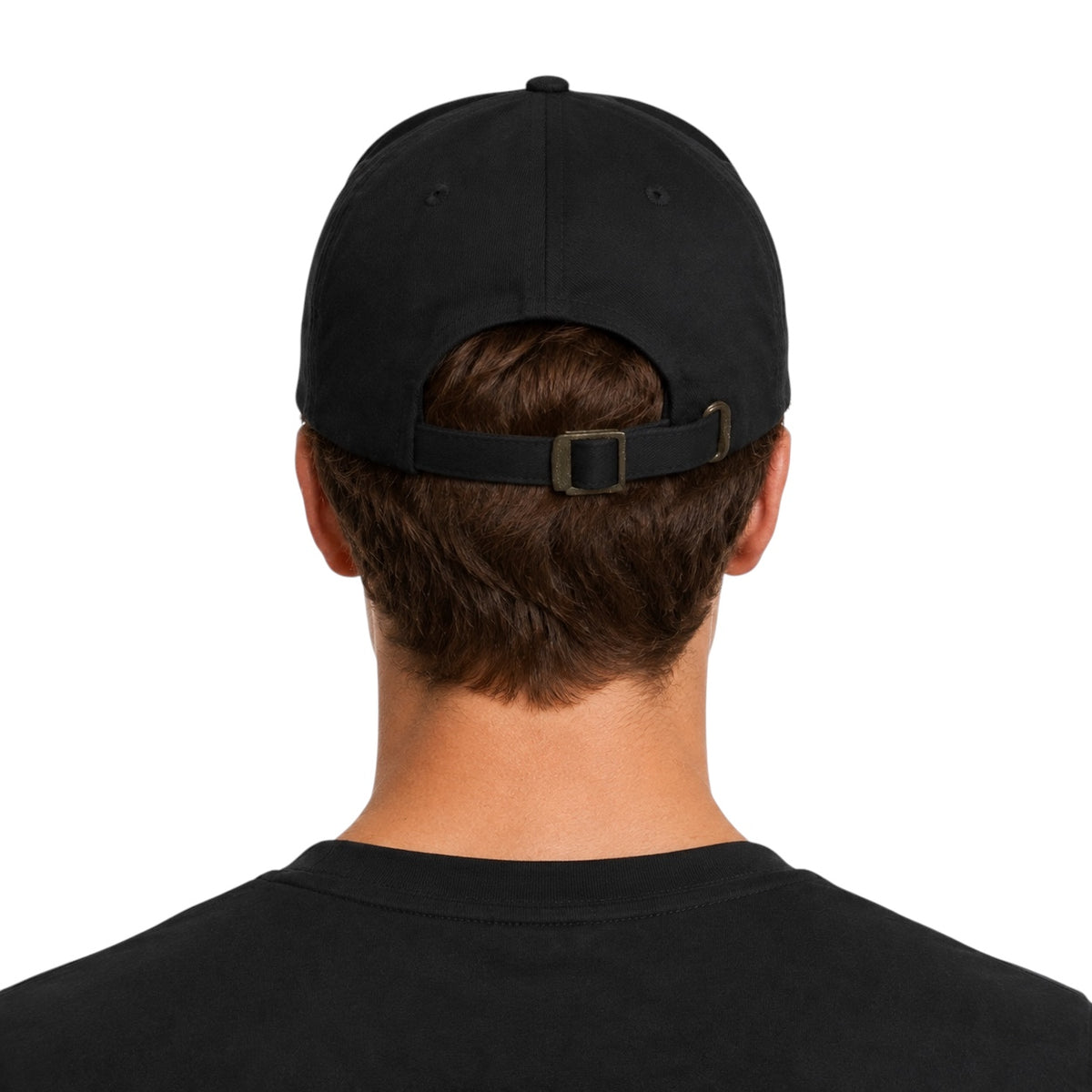 Man wearing a black EH Crown Signature Classic Cap, back view showing the adjustable strap and antique buckle.
