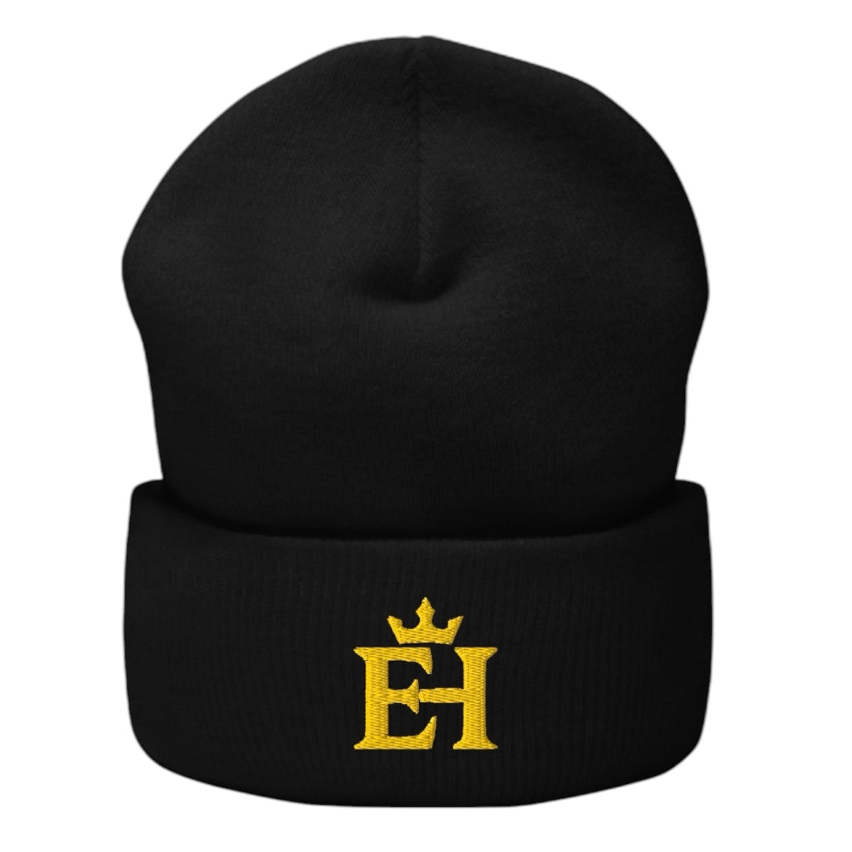 Black EH Crown Signature Cuffed Beanie with gold embroidered EH Crown logo, front product view.