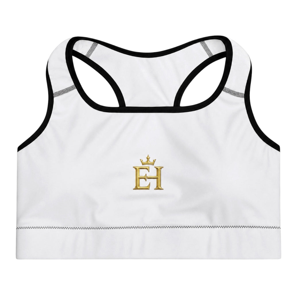 Flat lay view of the EH Crown Signature Padded Sports Bra in white showing the racerback silhouette and gold EH logo.