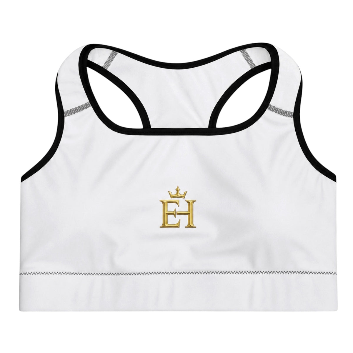 Flat lay view of the EH Crown Signature Padded Sports Bra in white showing the racerback silhouette and gold EH logo.