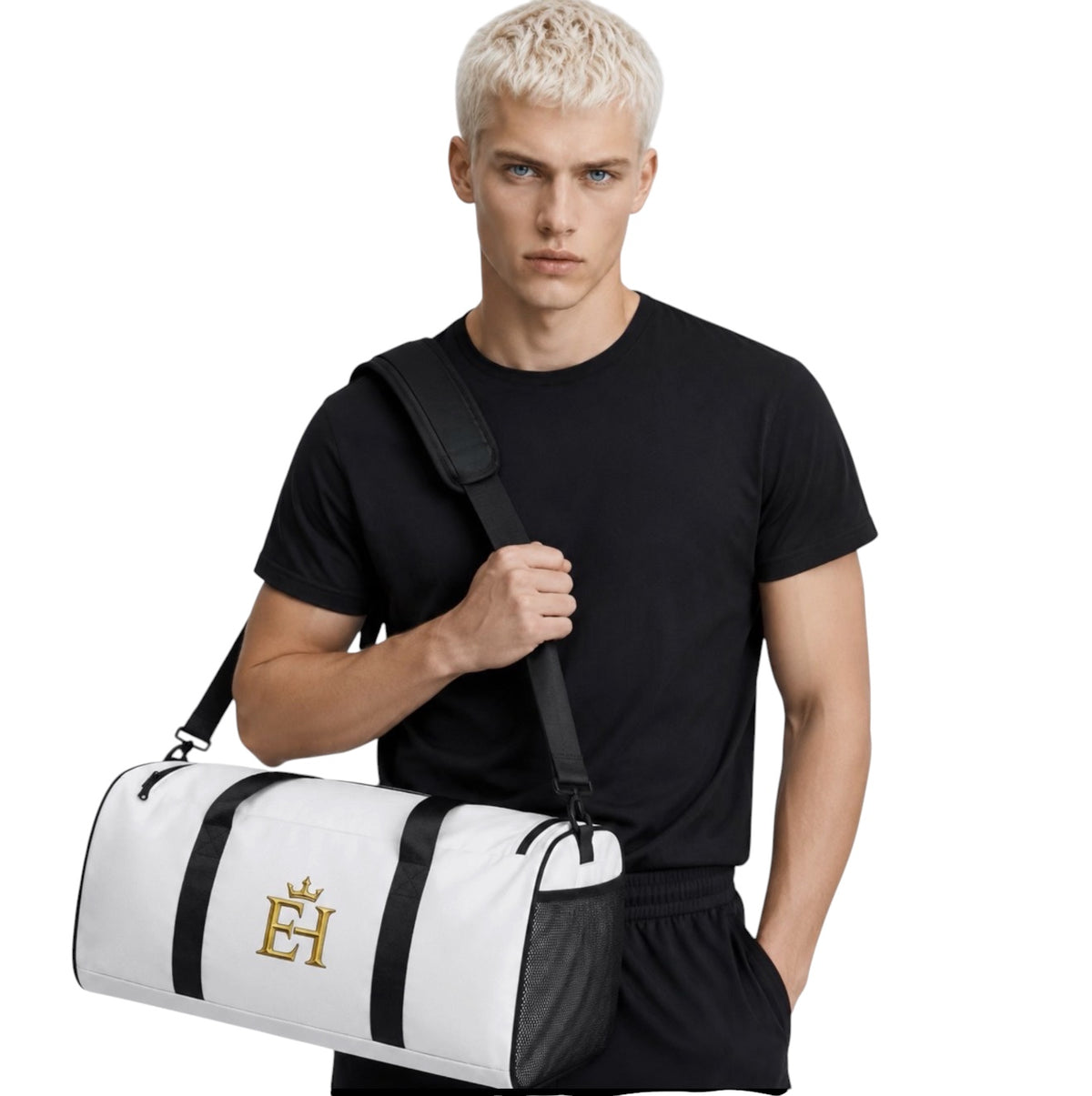Man wearing the white EH Crown Signature Premium Duffle Bag with adjustable shoulder strap in a front-facing view.