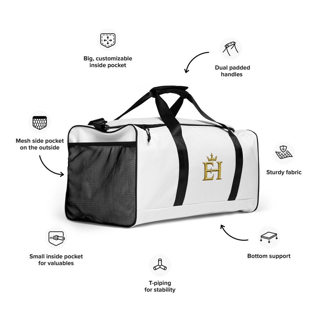 EH Crown Premium Duffle Bag feature overview showing mesh side pocket, padded handles, interior storage, T-piping, and bottom support.