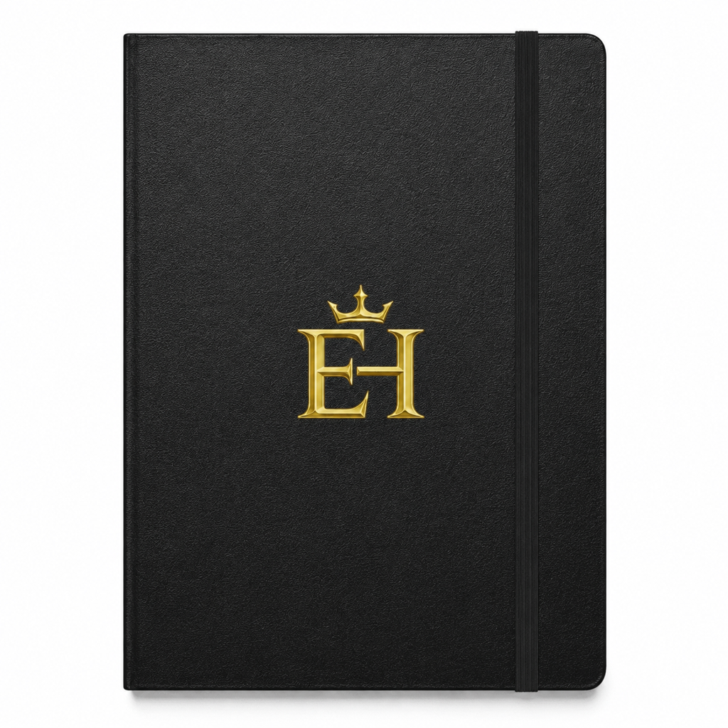 EH Crown Signature Premium Hardcover Notebook in black with gold crown logo, front view