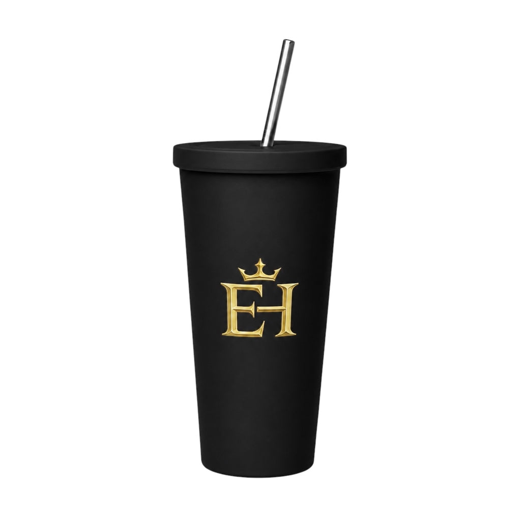 Black EH Crown Signature Premium Insulated Tumbler with lid stainless steel straw and gold EH Crown logo