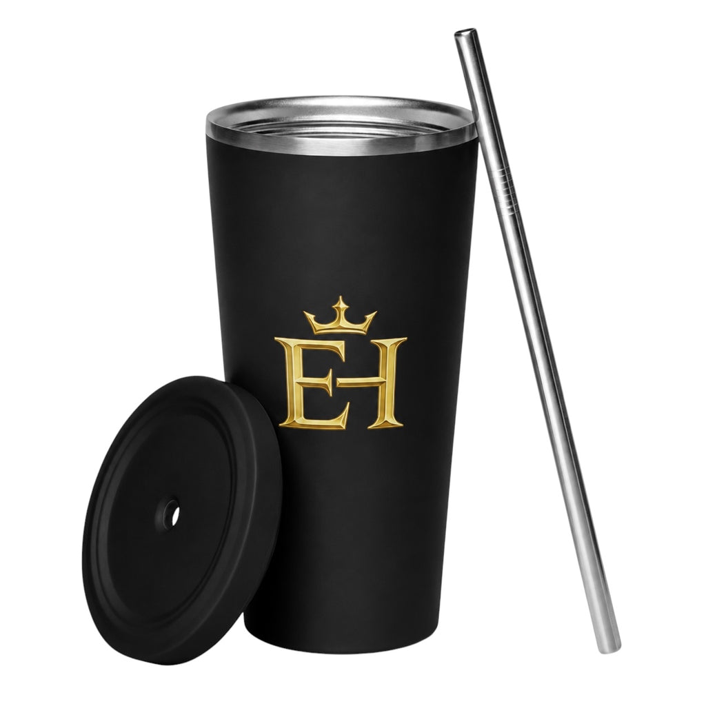 EH Crown Signature Premium Insulated Tumbler shown with removable lid and stainless steel straw
