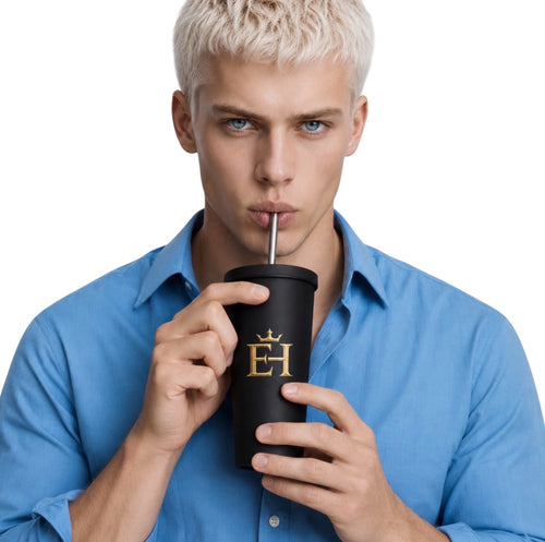 Man in a blue shirt drinking from the EH Crown Signature Premium Insulated Tumbler with gold EH Crown logo.
