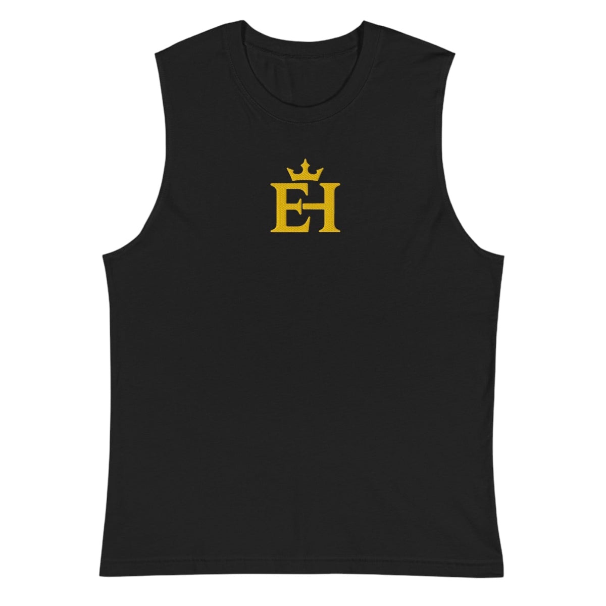 Black premium muscle tank with gold EH Crown embroidery shown on a clean front product-only view.