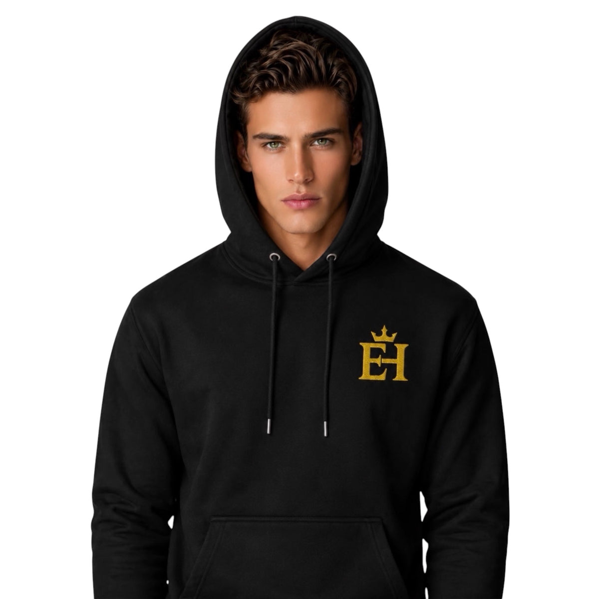 Man wearing a black EH Crown Signature Premium Pullover Hoodie with gold embroidered EH Crown logo and hood up.