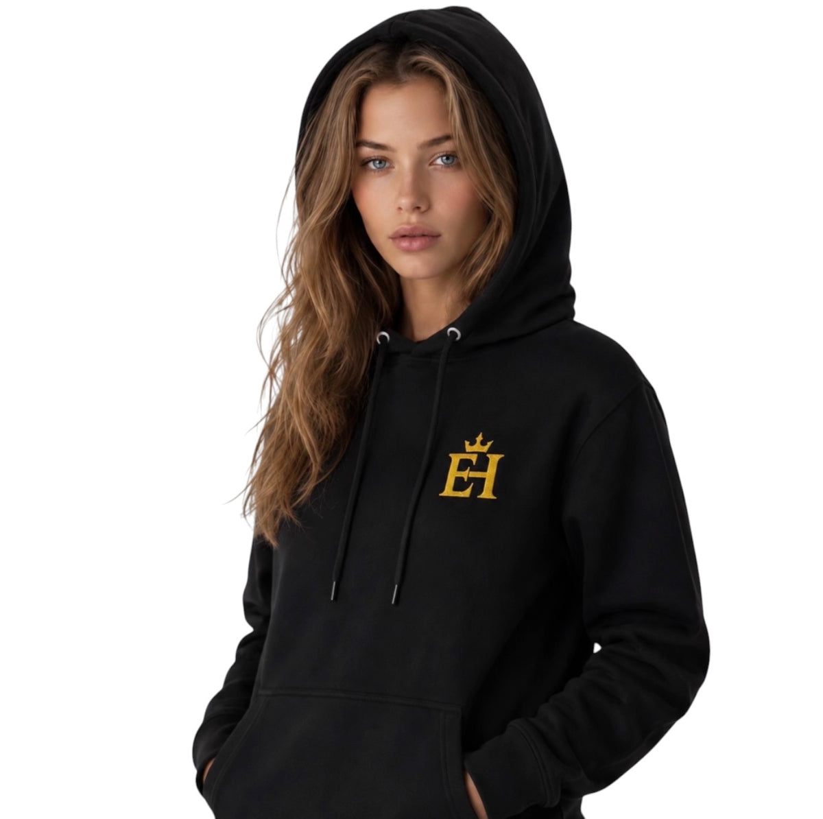 Woman wearing a black EH Crown Signature Premium Pullover Hoodie with gold embroidered EH Crown logo, front view.