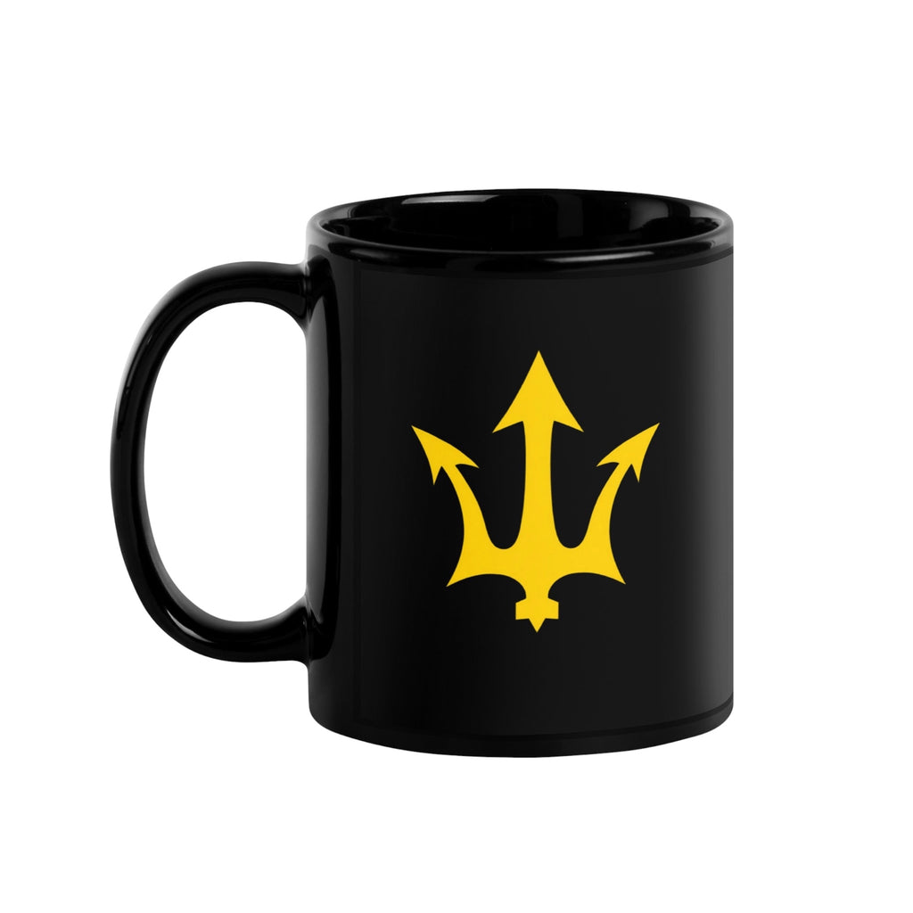 INSPIRED Black Glossy Mug with gold trident logo front view