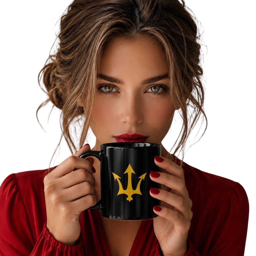 Woman holding INSPIRED Black Glossy Mug with gold trident logo