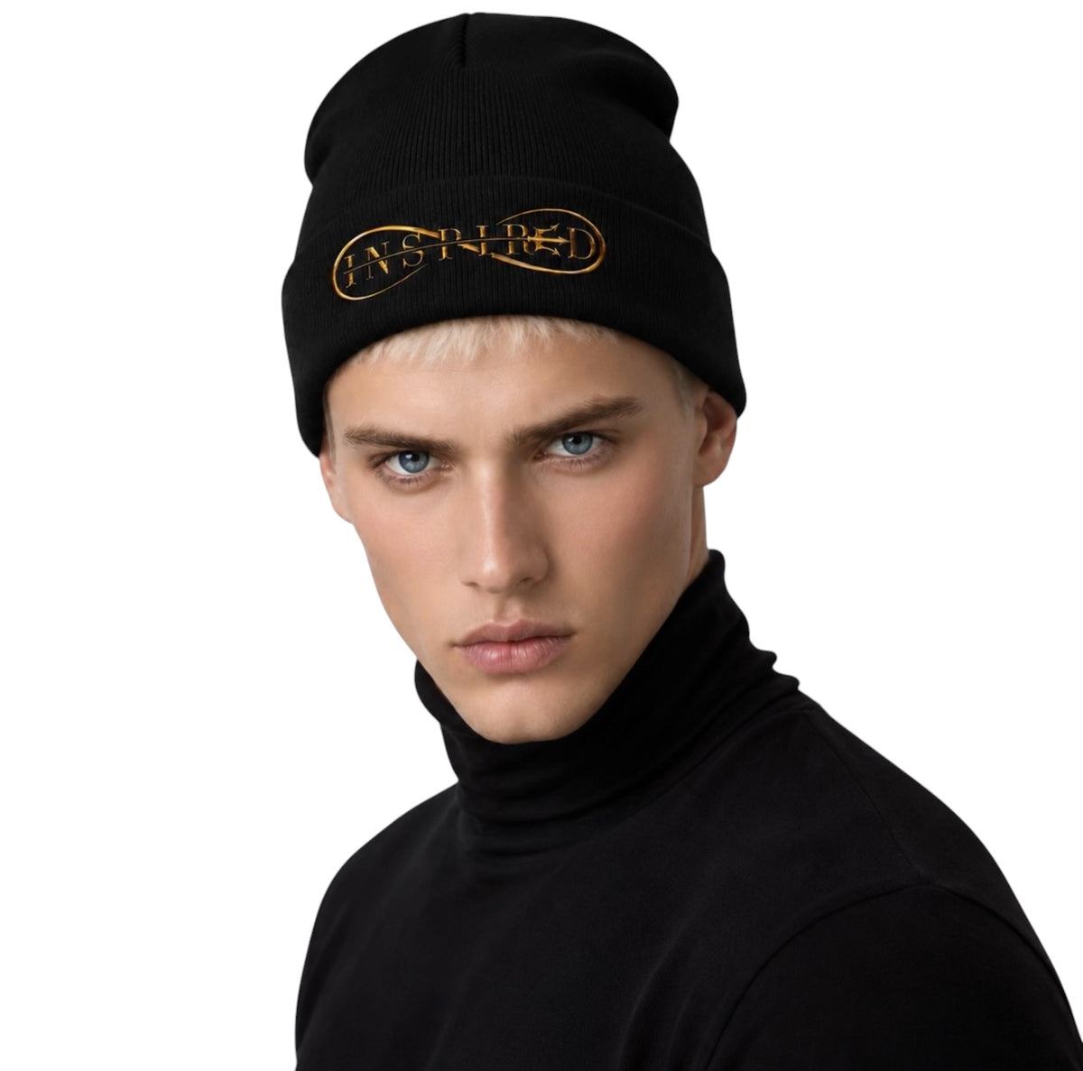 Man wearing black INSPIRED cuffed beanie with gold embroidered logo angled portrait