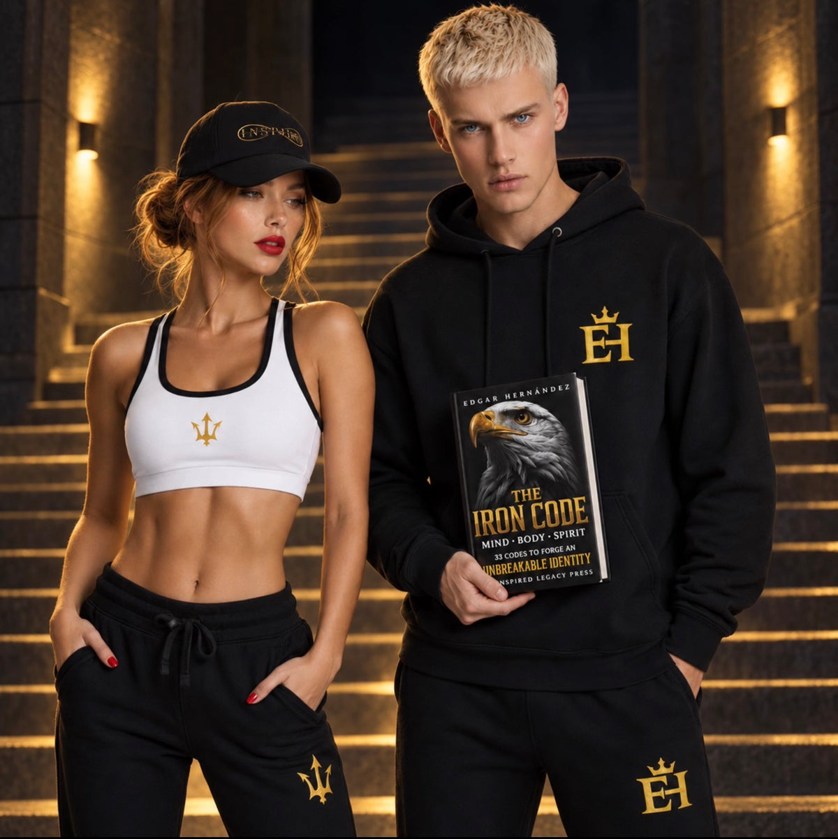 Unisex INSPIRED and EH Crown black and gold streetwear with The Iron Code book by Edgar Hernandez