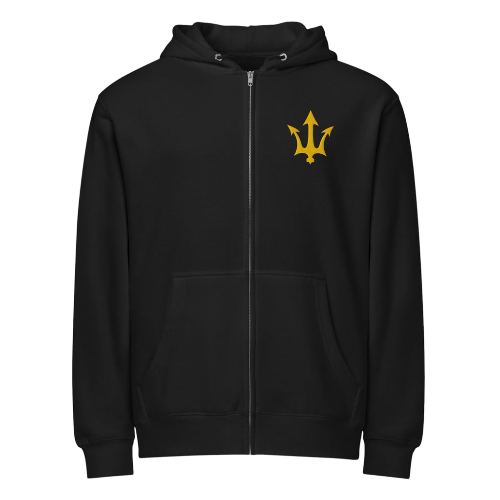 Front view of the INSPIRED Full Zip Hoodie in black with gold infinity-trident emblem.
