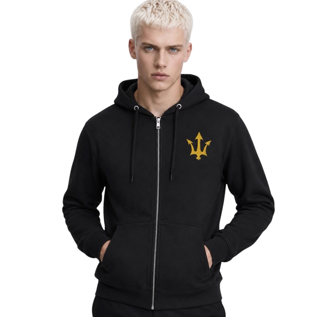 Male model wearing the INSPIRED Full Zip Hoodie in black with gold infinity-trident emblem.