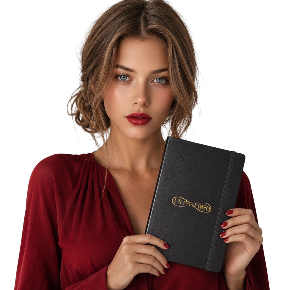 Woman holding INSPIRED hardcover notebook in black with gold logo