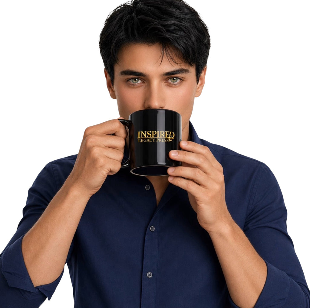 Man holding Inspired Legacy black glossy mug with gold logo