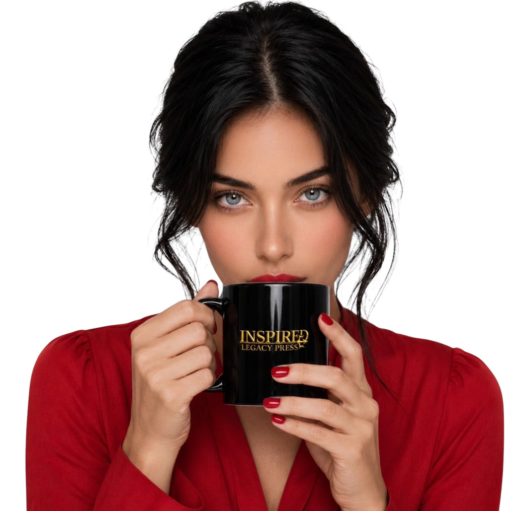 Woman holding Inspired Legacy black glossy mug with gold logo
