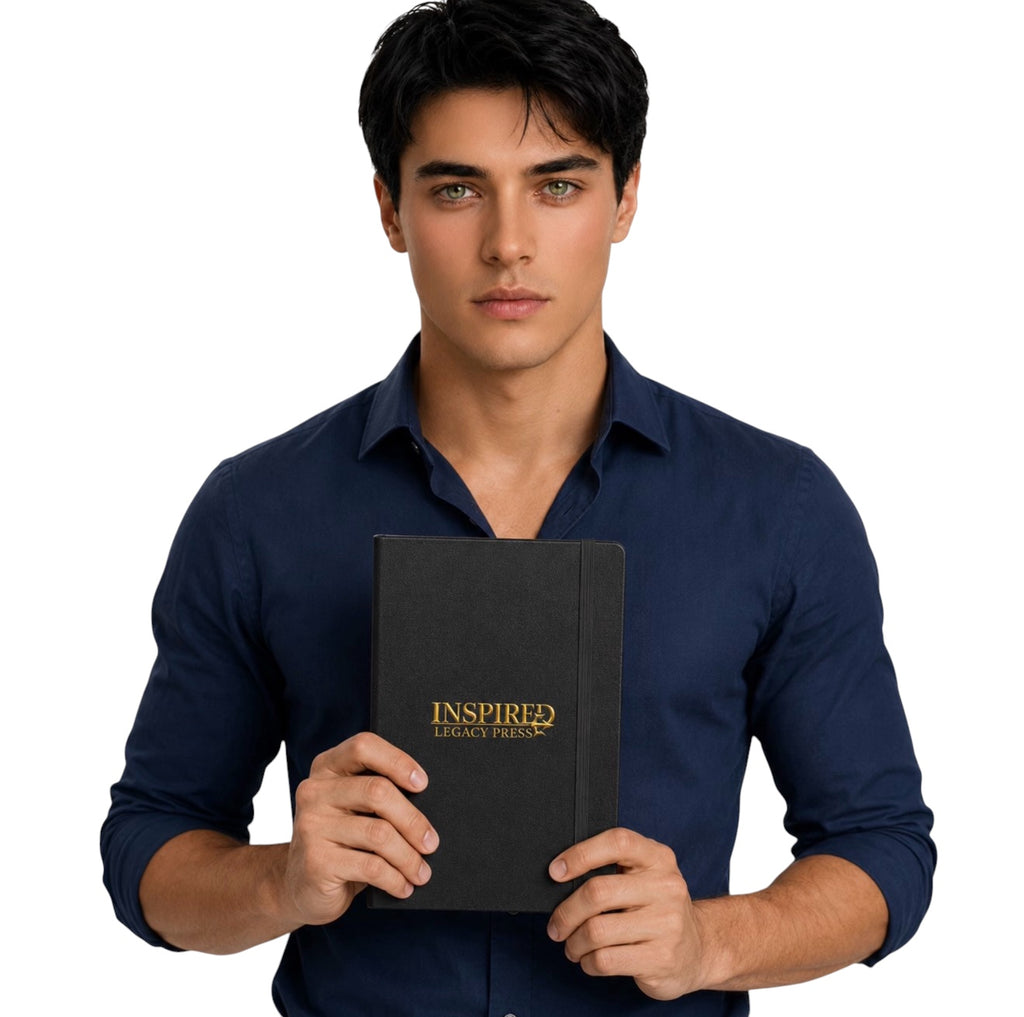 Man holding Inspired Legacy hardcover notebook with black cover and gold logo