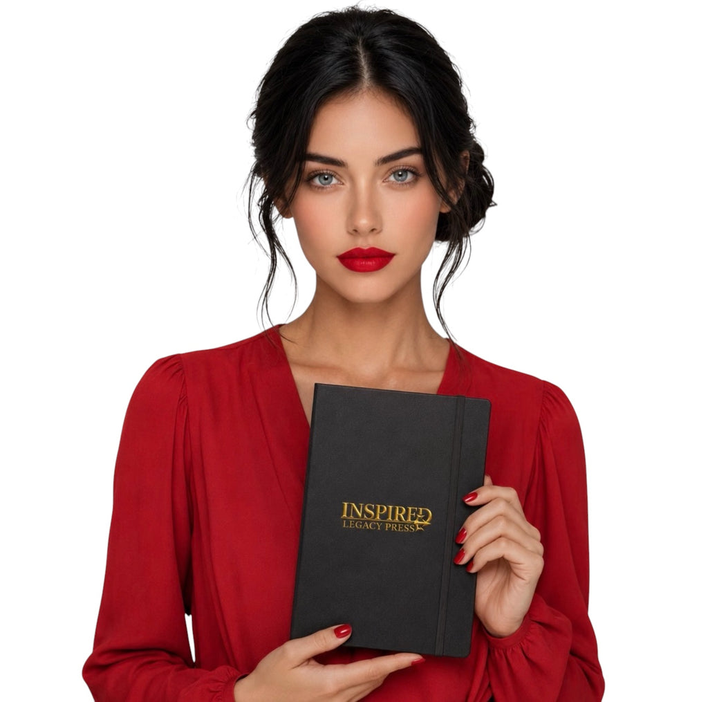 Woman holding Inspired Legacy hardcover notebook with black cover and gold logo
