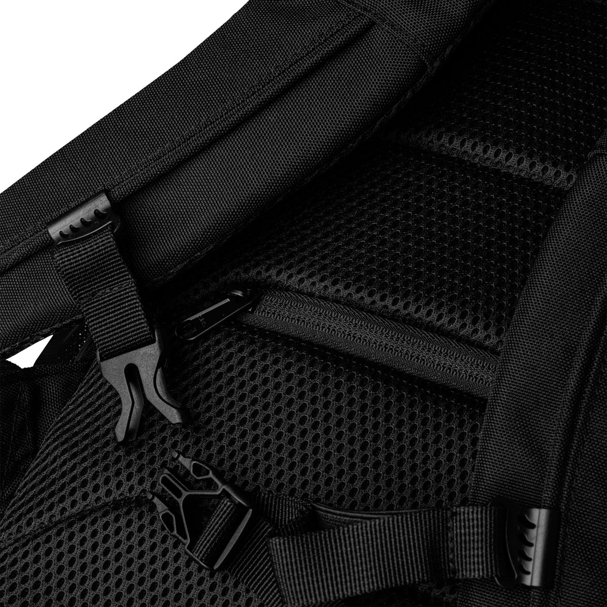 Close-up of the padded mesh back panel and adjustable straps on the Inspired Legacy Premium Utility Backpack.