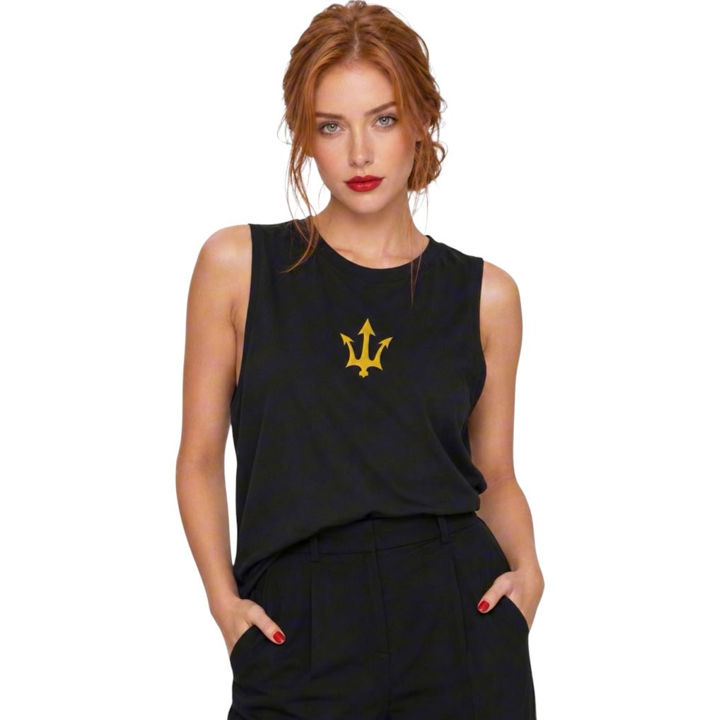 Female model wearing the black INSPIRED Muscle Tank with gold infinity-trident emblem, front hero view