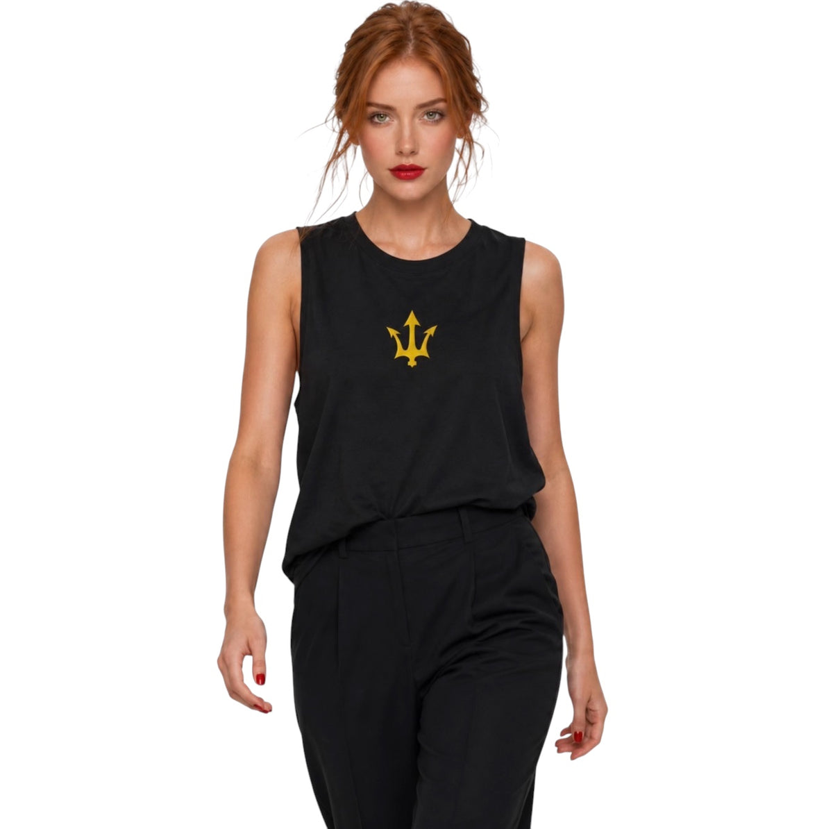 Female model wearing the black INSPIRED Muscle Tank with gold infinity-trident emblem, full-body view.