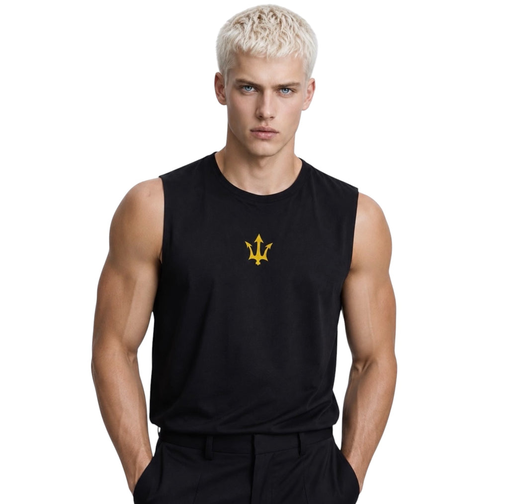 Male model wearing the black INSPIRED Muscle Tank with gold infinity-trident emblem, front hero view.