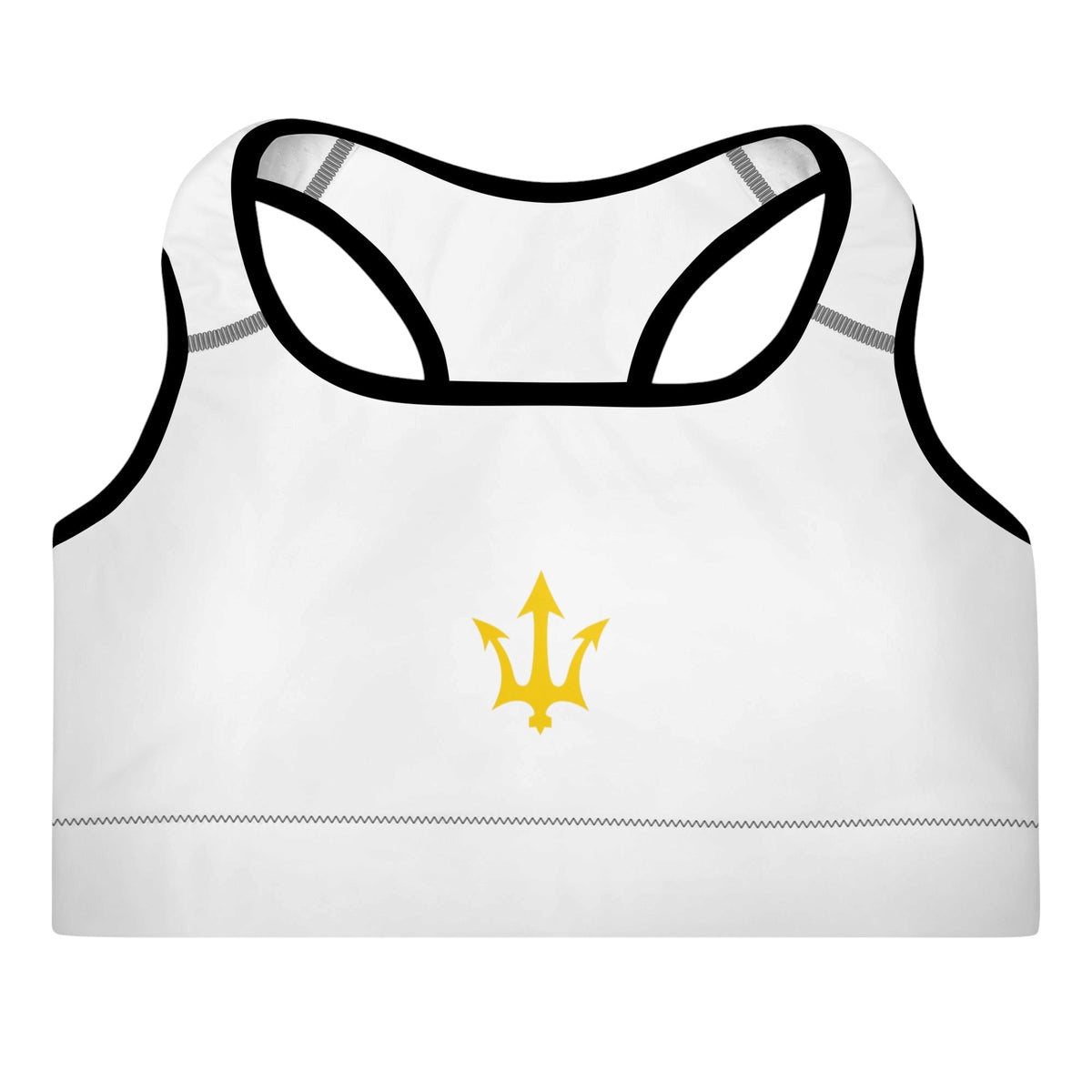 INSPIRED Padded Sports Bra in white with gold logo, flat product view.