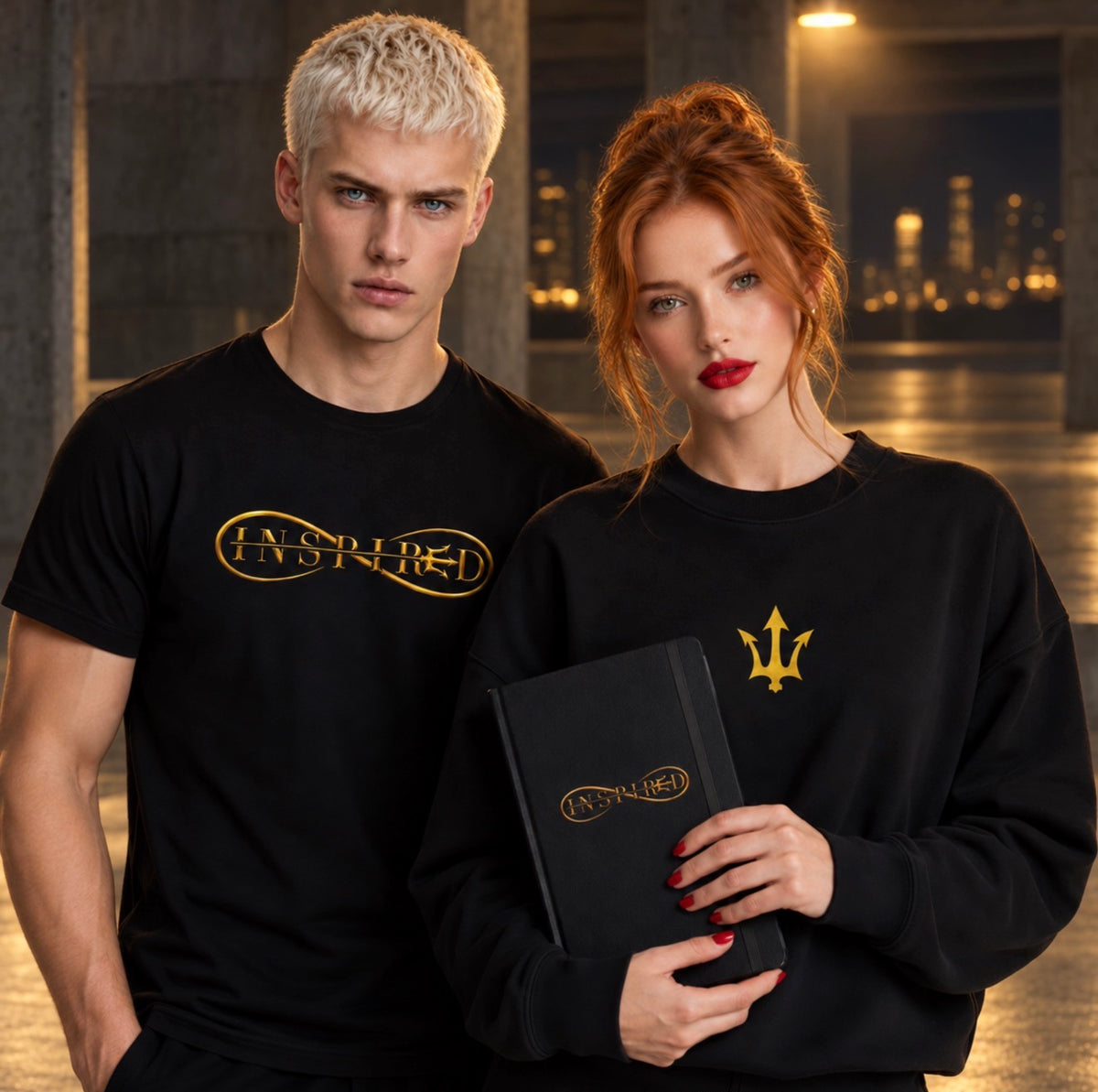 Unisex INSPIRED black tee and sweatshirt with gold logo and INSPIRED journal in an urban night setting