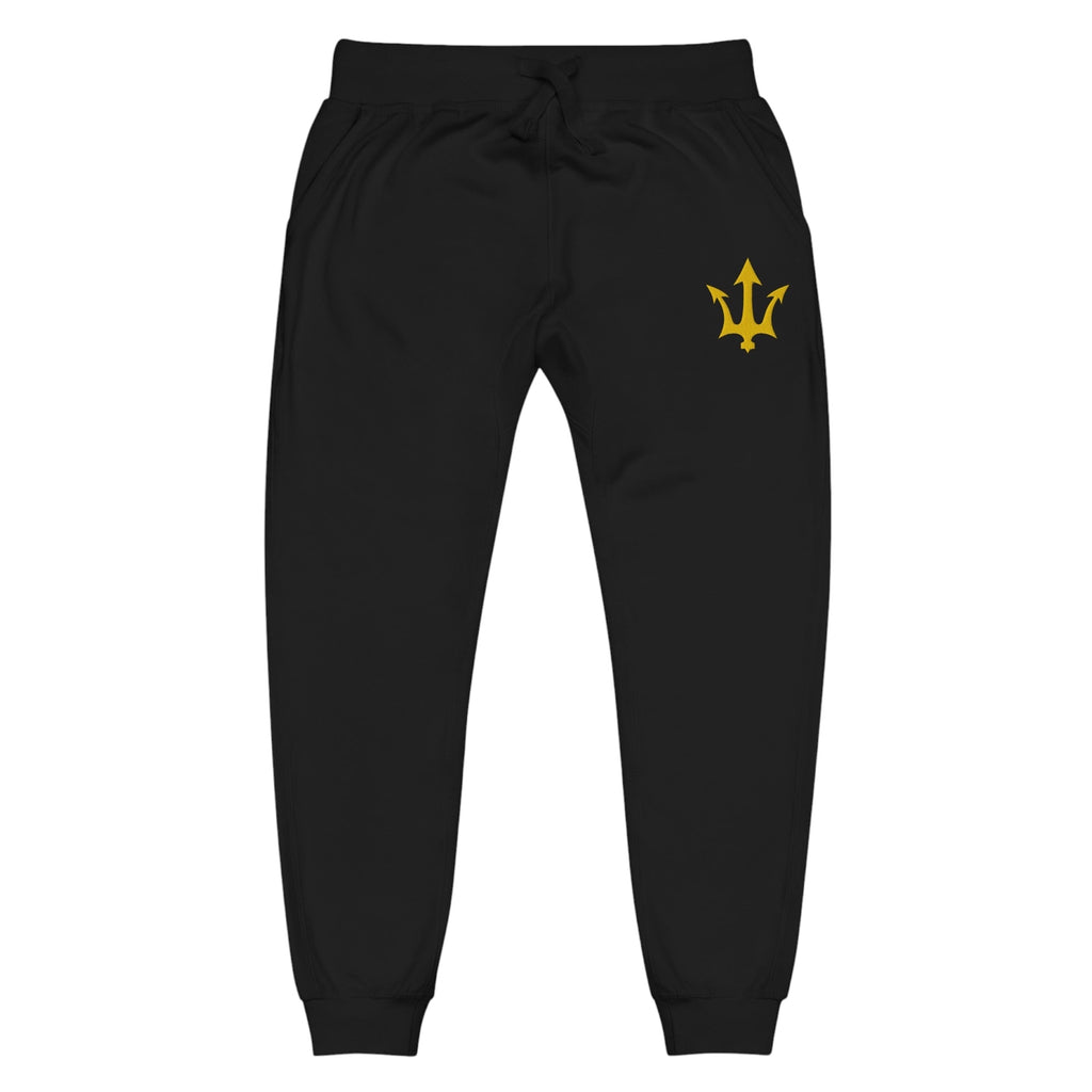 Front view of INSPIRED Sweatpants in black with gold infinity-trident emblem.