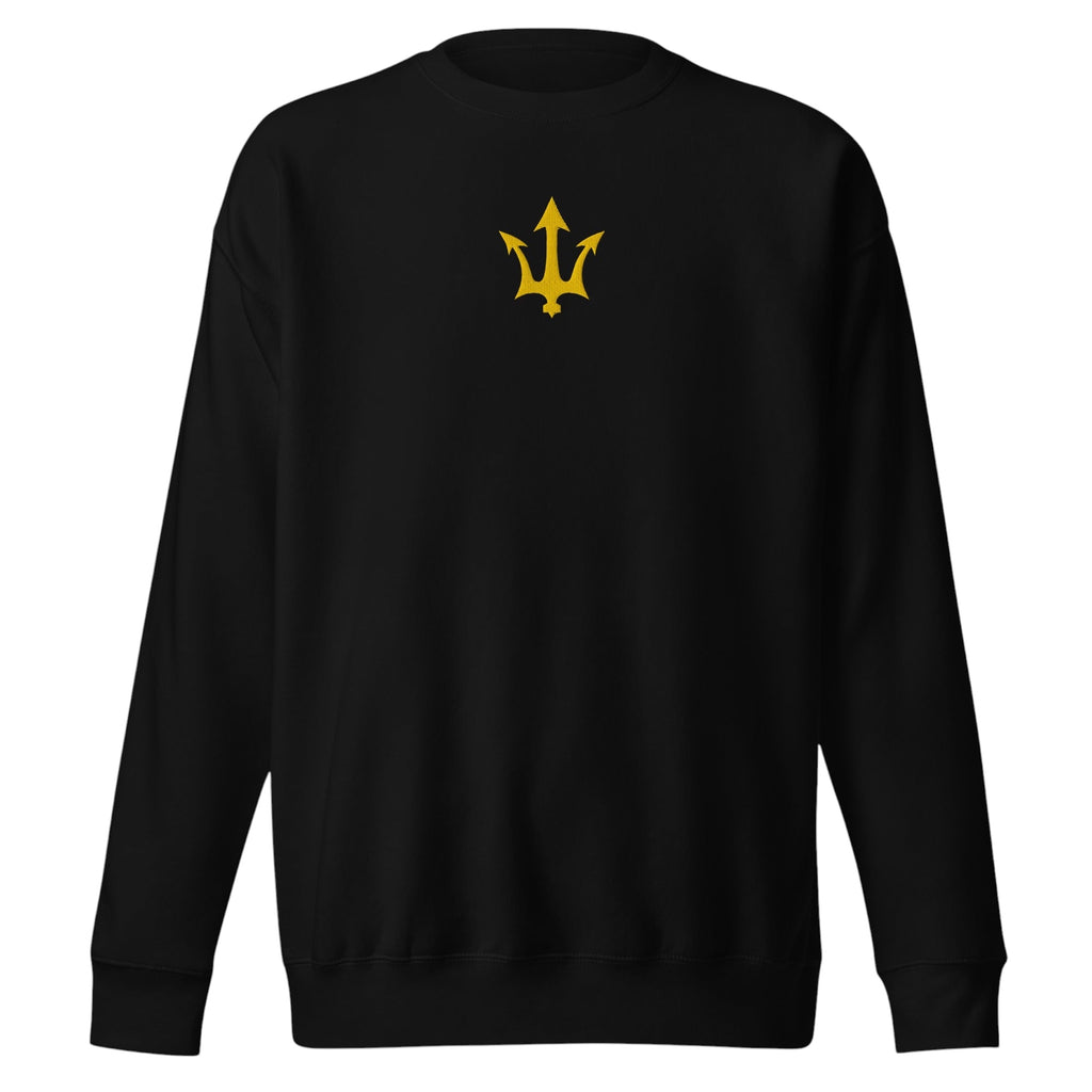 Front view of the INSPIRED Sweatshirt in black with gold infinity-trident emblem.