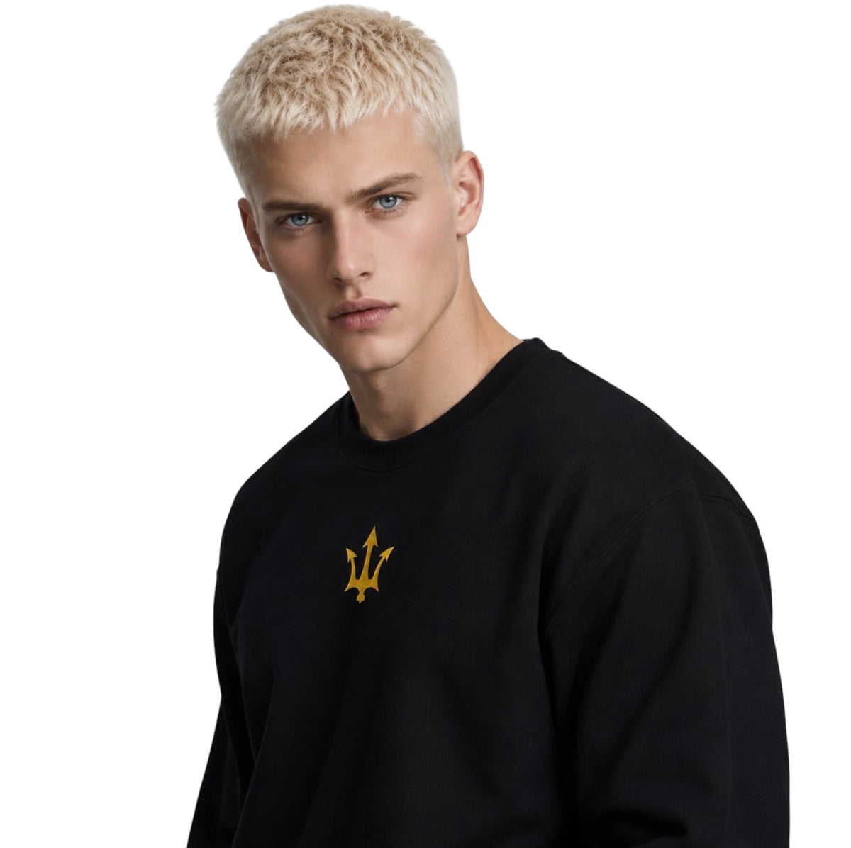 Male model wearing the INSPIRED Sweatshirt in black with gold infinity-trident emblem, angled close-up view.